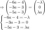 \Rightarrow\left(\begin{matrix} -6a-4\\ -3a-3\\-5a-3\end{matrix}\right)=\left(\begin{matrix} -\lambda\\ 0\\ \lambda a \end{matrix}\right)\\\left\{\begin{matrix}-6a-4=-\lambda\\ -3a-3=0\\-5a-3=\lambda a\end{matrix}\right.