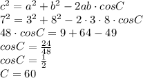 c^2=a^2+b^2-2ab\cdot cosC\\7^2=3^2+8^2-2\cdot3\cdot8\cdot cosC\\48\cdot cosC=9+64-49\\cosC=\frac{24}{48}\\cosC=\frac{1}{2}\\C=60