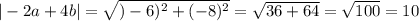 |-2a+4b|=\sqrt{)-6)^{2}+(-8)^{2}}=\sqrt{36+64}=\sqrt{100}=10