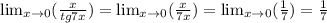 \lim_{x \to 0} ( \frac{x}{tg7x} )=\lim_{x \to 0} ( \frac{x}{7x} )=\lim_{x \to 0} ( \frac{1}{7} )=\frac{1}{7}