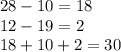 28-10=18\\ 12-19=2\\ 18+10+2=30