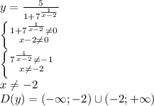 y= \frac{5}{1+7^{ \frac{1}{x-2} }} &#10;\\\&#10; \left \{ {{1+7^{ \frac{1}{x-2} } \neq 0} \atop {x-2 \neq 0}} \right. &#10;\\\&#10; \left \{ {{7^{ \frac{1}{x-2} } \neq -1} \atop {x \neq -2}} \right. &#10;\\\&#10;x \neq -2&#10;\\\&#10;D(y)=(-\infty;-2)\cup(-2;+\infty)