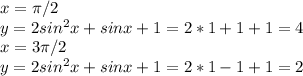 x=\pi/2\\ y=2sin^2x+sinx+1=2*1+1+1=4\\ x=3\pi/2 \\ y=2sin^2x+sinx+1=2*1-1+1=2 