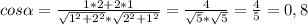 cos\alpha=\frac{1*2+2*1}{\sqrt{1^{2}+2^{2}}*\sqrt{2^{2}+1^{2}}}=\frac{4}{\sqrt{5}*\sqrt{5}}=\frac{4}{5}=0,8