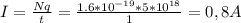 I= \frac{Nq}{t} = \frac{1.6*10 ^{-19}*5*10 ^{18} }{1} =0,8A