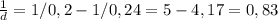 \frac{1}{d} = 1/ 0,2 - 1/ 0,24 = 5 - 4,17 = 0,83 