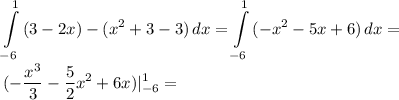 \displaystyle \int\limits^1_{-6} {(3-2x)-(x^2+3-3)} \, dx= \int\limits^1_{-6} {(-x^2-5x+6)} \, dx=\\(- \frac{x^3}{3}- \frac{5}{2}x^2+6x)|^1_{-6}= 