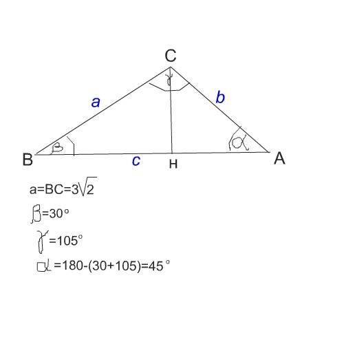 Решите треугольник abc,если угол в=30 градусов,угол с=105 градусов,вс=3корня из 2?