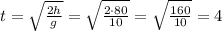 t=\sqrt{\frac{2h}{g}}=\sqrt{\frac{2\cdot80}{10}}=\sqrt{\frac{160}{10}}=4