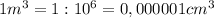 1m^{3}=1:10^{6}=0,000001 cm^{3} 