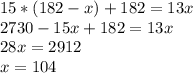 15*(182-x)+182=13x\\2730-15x+182=13x\\28x=2912\\x=104