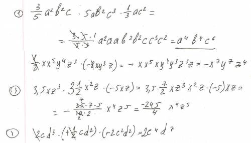 Выражение: //-дробная черта, ^-стпень 1)3//5a^2b^2c*5ab^2c^3*1//3ac^2 2)1//8xx^5y^4z^3*(-8xy^3z) 3) 