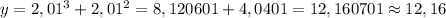 y=2,01^3+2,01^2=8,120601+4,0401=12,160701\approx12,16