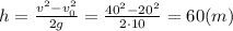 h=\frac{v^2-v_0^2}{2g}=\frac{40^2-20^2}{2 \cdot 10}=60(m)