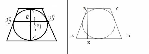 Около окружности радиуса 12см описана равнобедренная трапеция, периметр которой равен 100см. найдите