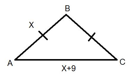 Периметр равнобедренеого тупоугольного треугольника равен 45 одна из сторон больше другой на 9 см.на