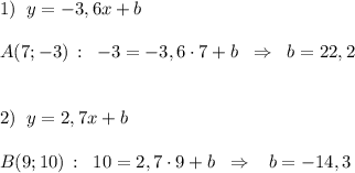 1)\; \; y=-3,6x+b\\\\A(7;-3)\, :\; \; -3=-3,6\cdot 7+b\; \; \Rightarrow \; \; b=22,2\\\\\\2)\; \; y=2,7x+b\\\\B(9;10)\, :\; \; 10=2,7\cdot 9+b\; \; \Rightarrow \; \; \; b=-14,3