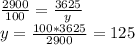 \frac{2900}{100} =\frac{3625}{y} \\y = \frac{100*3625}{2900} = 125