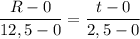 \displaystyle \frac{R-0 }{12,5-0} = \frac{t-0}{2,5-0}