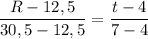 \displaystyle \frac{R-12,5 }{30,5-12,5} = \frac{t-4}{7-4}