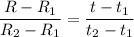 \displaystyle \frac{R-R_{1} }{R_{2}-R_{1} } = \frac{t-t_{1} }{t_{2}-t_{1} }
