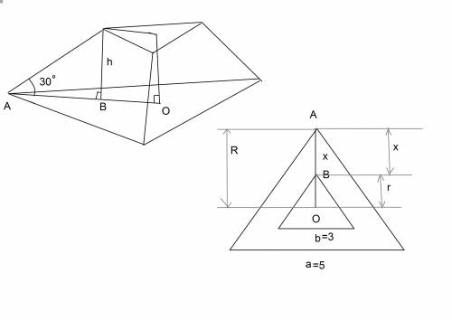 Вычислите объем правильной треугольной усеченной пирамиды со сторонами оснований 3 и 5, боковое ребр