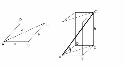 Стороны основания прямого параллелепипеда равны 1 см и 3 см, а синус угла между ними `sqrt5 /3`. най