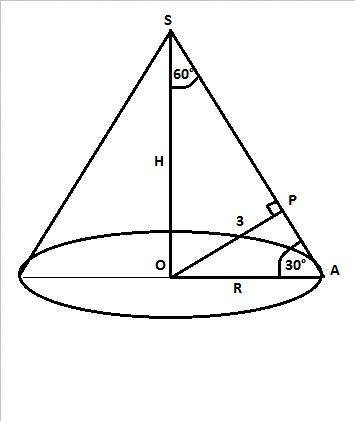 Расстояние от центра основания конуса до образующей равно 3 см. угол между образующей и плоскостью о
