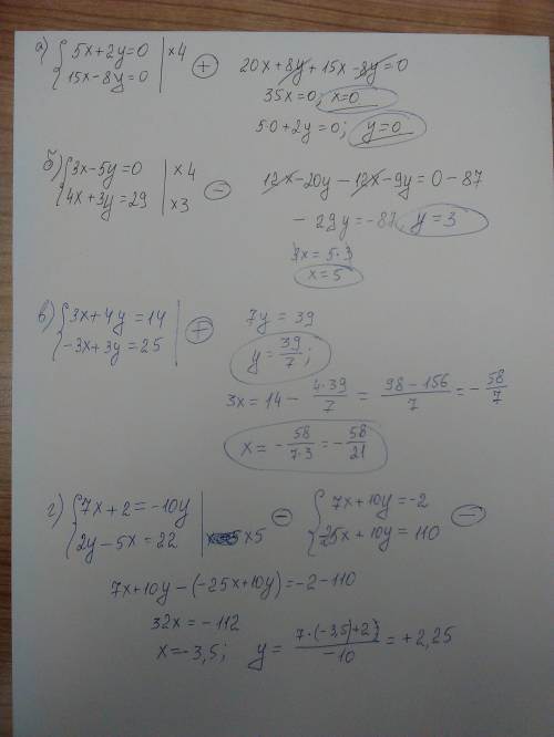 Решите системы уравнений а) 5х+2у=0,15х-8у=0; б) 3х-5у=, 4х+3у=29; в) 3х+4у=14, -3х+3у=25; г) 7х+2=-