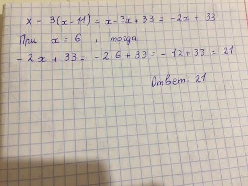 Найдите значение выражения x - 3(x-11) при x = 6 20