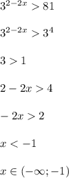 3^{2-2x}81\\\\3^{2-2x}3^{4} }\\\\31\\\\2-2x4\\\\-2x2\\\\x<-1\\\\x\in(-\infty;-1)