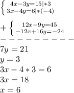 \left \{ {{4x-3y=15}|*3 \atop {3x-4y=6}|*(-4)} \right.\\\\+\left \{ {{12x-9y=45} \atop {-12x+16y=-24}} \right.\\ ---------\\7y=21\\y=3\\3x-4*3=6\\3x=18\\x=6