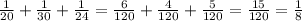 \frac{1}{20} +\frac{1}{30}+\frac{1}{24}=\frac{6}{120} +\frac{4}{120}+\frac{5}{120}= \frac{15}{120} =\frac{1}{8}