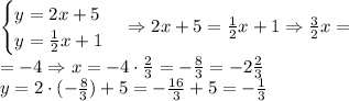 \begin{cases} y=2x+5\\ y=\frac12x+1 \end{cases}\Rightarrow2x+5=\frac12x+1\Rightarrow\frac32x=\\=-4\Rightarrow x=-4\cdot\frac23=-\frac{8}3=-2\frac23\\y=2\cdot(-\frac83)+5=-\frac{16}3+5=-\frac13