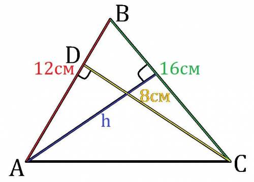 Утрикутнику abc ав=12см , вс = 16см .до сторони ав проведено висоту cd= 8см .знайдіть висоту ,провед