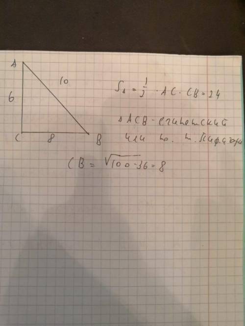 Впрямоугольном треугольнике один из катетов равен 6 см а его гипотенуза 10 см чему равна площадь тре