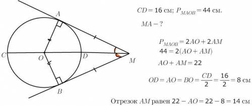 Ma и mb-касательные .a и b точки касания.найдите длину отрезка ma,если диаметр окружности равен 16 с