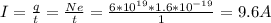 I = \frac{q}{t} = \frac{Ne}{t} = \frac{6* 10^{19}* 1.6*10^{-19} }{1} = 9.6 A