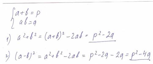 Известно, что a + b = p и ab = q. выразите через p и q. а) a2 + b2: б) (a - b)2: