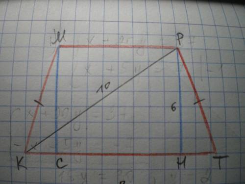 Вравнобедренной трапеции диагональ равна 10 см. а высота равна 6 см. найдите площадь трапеции
