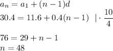 a_n=a_1+(n-1)d\\ 30.4=11.6+0.4(n-1)~~|\cdot \dfrac{10}{4}\\ \\ 76=29+n-1\\ n=48