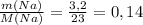 \frac{m(Na)}{M(Na)}=\frac{3,2}{23}= 0,14
