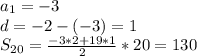 a_1=-3 \\ d=-2-(-3)=1 \\ S_{20}=\frac{-3*2+19*1}{2}*20=130