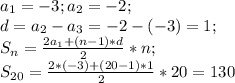 a_1=-3; a_2=-2;\\d=a_2-a_3=-2-(-3)=1;\\S_n=\frac{2a_1+(n-1)*d}{2}*n;\\S_{20}=\frac{2*(-3)+(20-1)*1}{2}*20=130