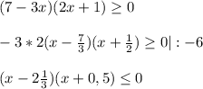 (7-3x)(2x+1)\geq0\\\\-3*2(x-\frac{7}{3})(x+\frac{1}{2})\geq0|:-6\\\\(x-2\frac{1}{3})(x+0,5)\leq0