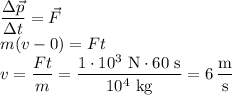 \dfrac{\Delta \vec p}{\Delta t}=\vec F\\m(v-0)=Ft\\v=\dfrac{Ft}m=\dfrac{1\cdot10^3\text{ N}\cdot60\text{ s}}{10^4\text{ kg}}=6\,\dfrac{\text{m}}{\text{s}}