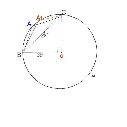 Радиус окружности равен 30. найдите величину тупого вписанного угла, опирающегося на хорду, равную 3