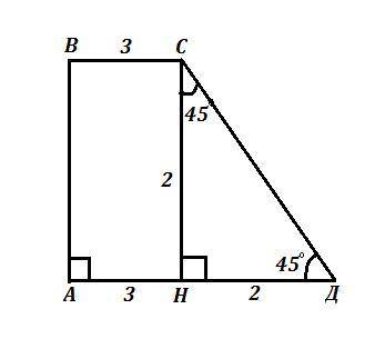 Основи прямокутної трапеції дорівнюють 5 і 3 см,а більша бічна сторона утворює з однією основою кут