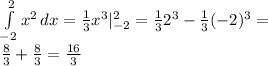 \int\limits_{-2}^2 {x^2} \, dx =\frac{1}{3}x^3|_{-2}^2=\frac{1}{3}2^3-\frac{1}{3}(-2)^3=\\ \frac{8}{3}+\frac{8}{3}=\frac{16}{3}