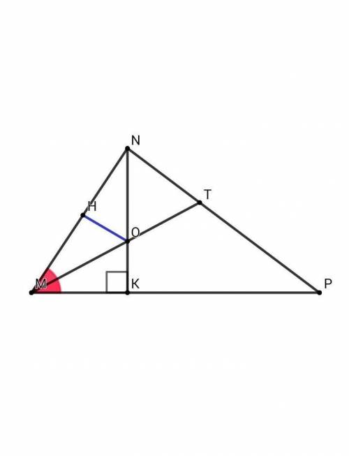Востроугольном треугольнике mnp биссектриса угла м пересекает высоту nk в точке о, причем ок = 9 см.